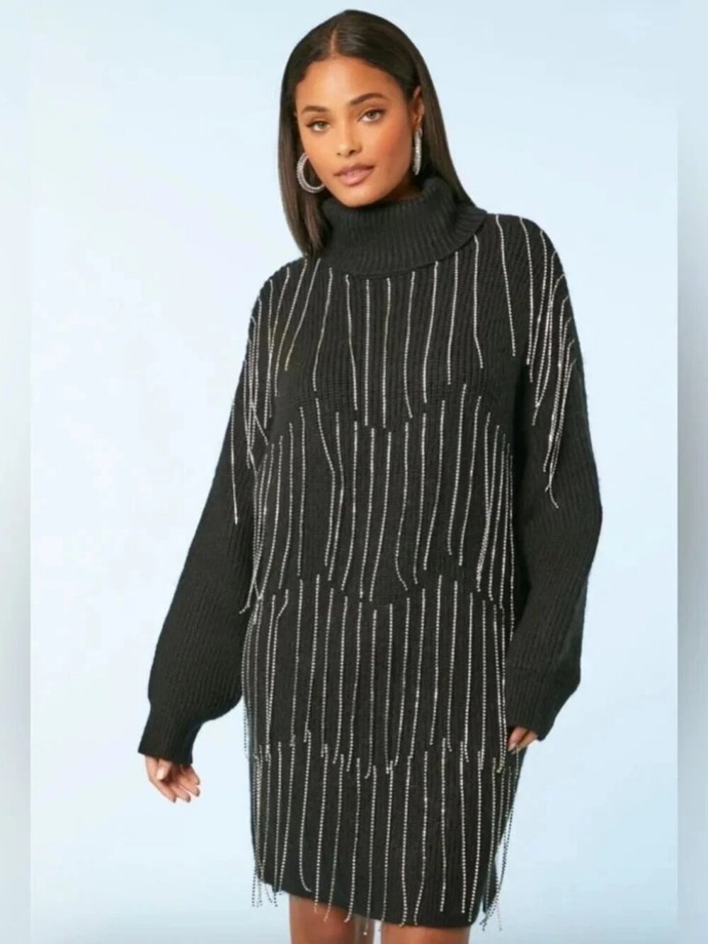 New Forever 21 Black Sweater Dress Turtleneck Rhinestone Fringe Med